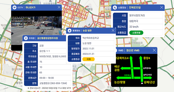 지도기반의 교통정보 (소통정보, CCTV, VMS, 주차장, 돌발및통제정보) 표출 화면 예시